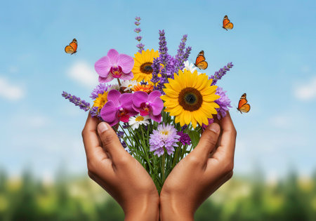 Hands holding a colorful bouquet of flowers, including sunflowers, orchids, and lavender, with butterflies flying around. Represents nature, spring, gifts, and special occasions.の素材