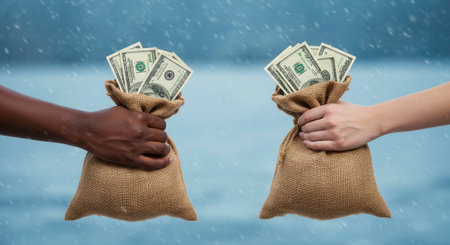 Two hands, one dark skinned and one light skinned, hold bags of money. Represents wealth transfer, financial aid, or economic disparity in a global context during challenging times.の素材
