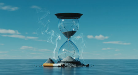 Broken hourglass with sand and cigarette, symbolizing time running out. Conceptual image of addiction, health risk, and mortality against a blue sky and water background.の素材