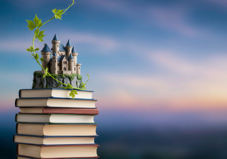 A miniature castle sits atop a stack of books, with a vine wrapping around it. Represents knowledge, imagination, and storytelling. Ideal for educational or fantasy themed projects.の素材