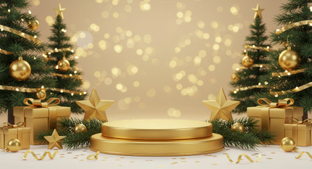 Festive Christmas product display features a round golden platform as the centerpiece, adorned with evergreen sprigs and golden stars. Gift boxes and baubles complete the scene.の素材