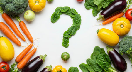 Overhead shot displays a question mark formed from spinach leaves, surrounded by fresh vegetables like carrots, broccoli, and eggplant, posing a dietary or nutritional question.の素材