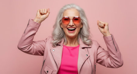 Cheerful older woman with gray hair and a radiant smile, wearing rose tinted sunglasses and a pink jacket, raises her fists in a gesture of success and empowerment.の素材