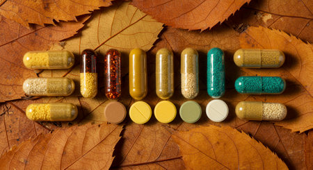 Various pills and capsules are arranged on a bed of dried leaves, creating a natural and organic feel, suggesting alternative medicine, supplements, or seasonal wellness concepts.の素材