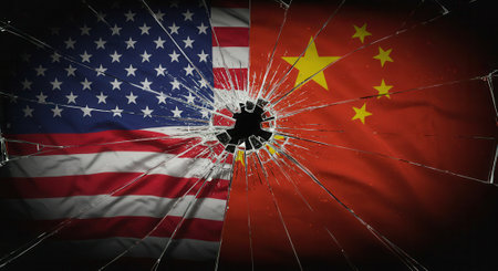 Cracked glass reflects the American and Chinese flags, symbolizing fragile diplomacy and strained international relations between the United States and China.の素材