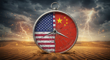 Broken compass with USA and China flags on a desert landscape with stormy sky and lightning. Concept for trade war, conflict, and political tension.の素材