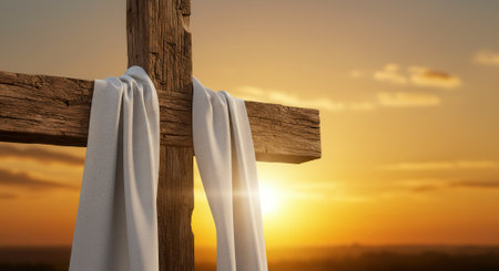 Wooden cross with white cloth draped over it, symbolizing resurrection. Set against a glowing sunrise, it evokes themes of faith, hope, and new beginnings.の素材