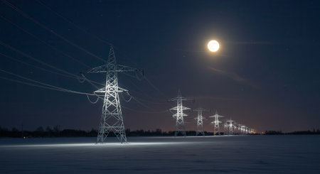Electrical pylons stretch across a snow covered field under a full moon at night. The structures are illuminated with a soft, ethereal glow in the darkness.の素材