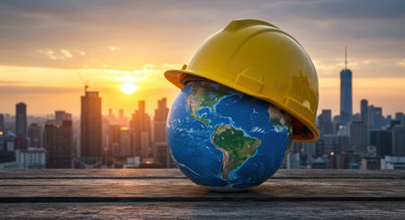 Earth globe wearing a yellow hard hat on a wooden surface with a cityscape at sunrise. Concept for global construction, safety, and environmental protection.の素材