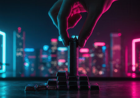 Hand places miniature skyscraper atop rising stack of silver bars against futuristic cityscape illuminated by neon lights, symbolizing investment and growth.の素材