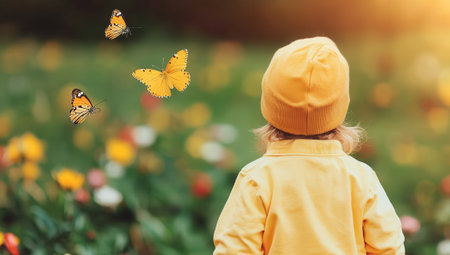 A child in a yellow hat watches butterflies in a colorful flower garden, capturing the joy of nature and childhood wonder.の素材