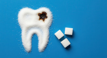 Tooth shape formed from white sugar with a dark spot representing decay, next to sugar cubes on a blue surface. Symbolizes dental health problems from sweet food.の素材