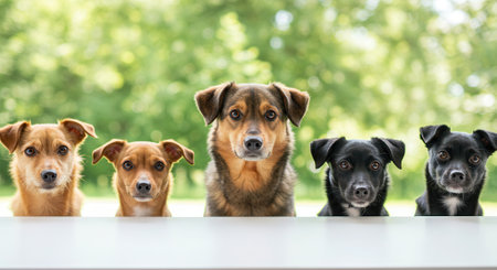 A close up of five diverse dogs, including brown and black breeds, looking over a white surface against a blurred green outdoor park background.の素材
