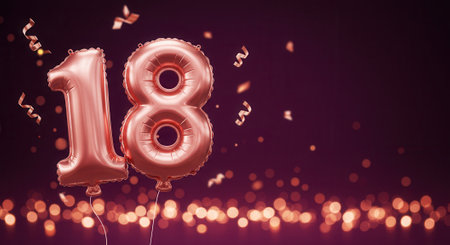 Rose gold foil balloons in the shape of the number 18 with falling confetti and bokeh lights on a dark background, celebrating an eighteenth birthday or milestone.の素材