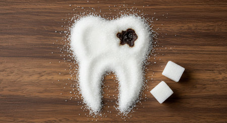 Tooth made of sugar with a dark cavity spot on a wooden background, illustrating the negative impact of sugar on dental health and the importance of oral hygiene.の素材