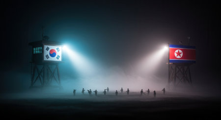 Futuristic DMZ scene with glowing watchtowers, one with the South Korean flag and the other with the North Korean flag emitting beams of light across a misty landscape.の素材