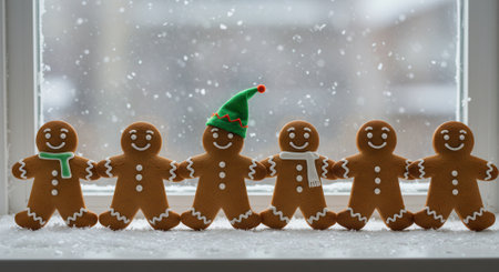 Gingerbread men are holding hands on a windowsill with snow falling outside. One gingerbread man wears an elf hat, others have scarves. Christmas holiday concept.の素材