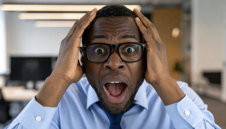 Black man in glasses clutching head with hands, wide eyes and open mouth showing shock, panic, stress, or problem reaction in office.の素材