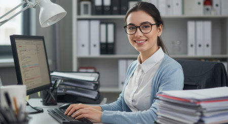 Young woman wearing glasses and smiling while typing on a computer at an office desk with files and binders.の素材