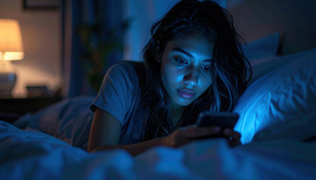 Young woman using smartphone in bed at night, face illuminated by blue screen light, late night digital use.の素材