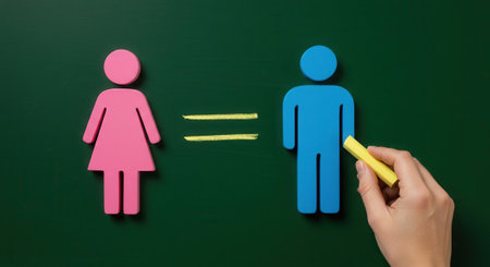 Pink female and blue male figures on green background with hand drawing equals sign, symbolizing gender equality.の素材