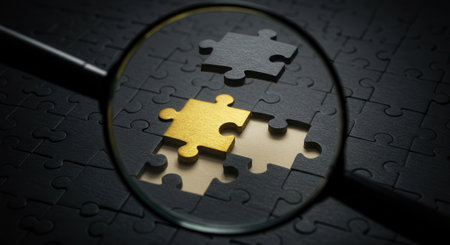 Magnifying glass highlights a unique gold piece among black jigsaw puzzle pieces, showing empty space.の素材