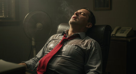 Middle aged man sweating and smoking cigarette, slumped in chair in hot, dimly lit vintage office, wearing grey shirt and red tie.の素材