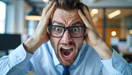 Man with black rimmed glasses clutching his head and screaming in stress or panic in an office.の素材