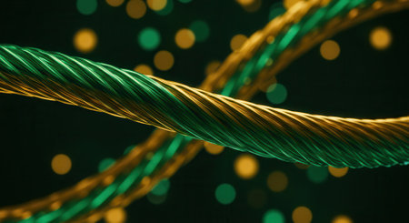 Macro view of luminous cables glowing with emerald and gold colors, weaving and overlapping.の素材