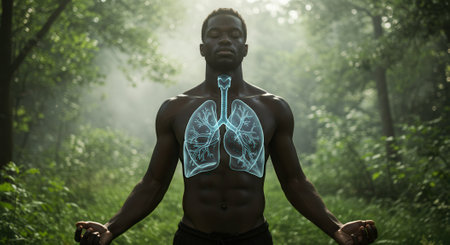 Black man meditating in forest with glowing lungs overlay representing health and wellness.の素材