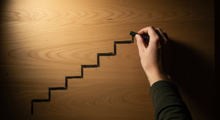 Hand drawing a staircase with black charcoal on a light brown wooden board. Concept of steps, progress, success, and future development.の素材