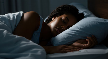 Close up of a Black woman sleeping peacefully in bed at night, resting comfortably on a pillow.の素材