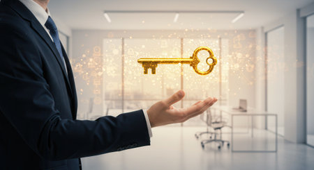 Businessman in suit with hand outstretched and radiant golden key hovering over palm in modern office.の素材