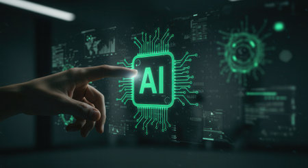 Human hand touching glowing AI chip symbol on futuristic holographic interface with data displays.の素材