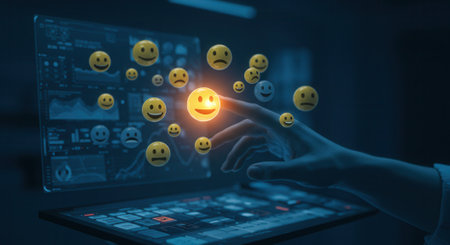 Holographic user interface with floating emoji faces being selected by a hand, representing digital feedback.の素材