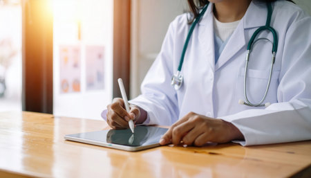 Doctor in white coat with stethoscope using stylus on digital tablet at desk near window with sunlight.の素材