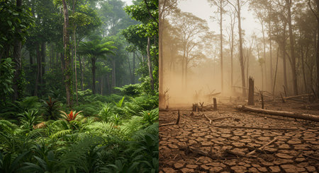 Split view showing a lush green rainforest contrasted with a dry, deforested landscape with cracked earth and dead trees.の素材