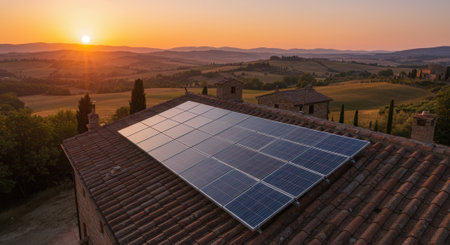 Solar panels on a terracotta tiled roof of a house in a rural Tuscan landscape at sunset, representing renewable energy.の素材