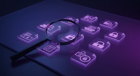 Magnifying glass over glowing digital file icons including locks, firewall, and documents, representing data security and search.の素材