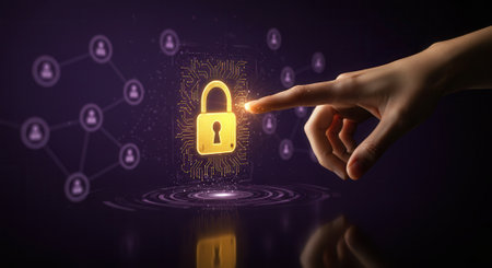 Hand touching glowing golden padlock symbol on digital circuit board with network of user icons, representing data security and privacy.の素材