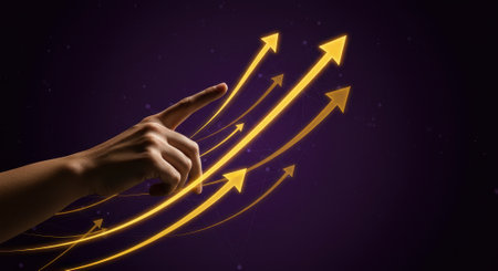 Hand with index finger pointing upwards, presented against a deep violet background with luminous gold arrows. Concept for business growth and success.の素材