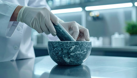 Scientist grinds sample in mortar. Close up of gloved hands using pestle in laboratory for pharmaceutical research and herbal medicine preparation.の素材