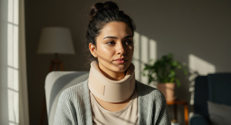 Young woman with dark hair bun sits by a sunlit window at home wearing a beige neck brace and a gray cardigan. Injury and health concept.の素材
