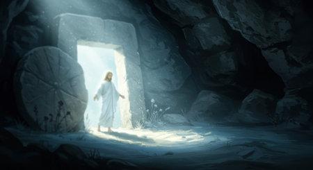 Jesus Christ in white robe emerges from a stone tomb, bathed in light. Symbol of resurrection, hope, faith, and new beginnings in dark cave.の素材