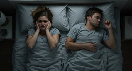 Overhead view shows a couple in bed. The woman is awake and bothered, covering her ears with her hands while the man sleeps soundly beside her.の素材