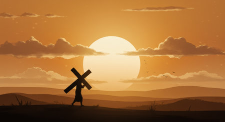 Illustration of man carrying cross on hill against sunset. Symbolic of faith, religion, and the journey of life. Warm color palette and minimalist design.の素材