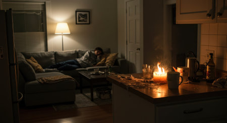 Living room with a man napping on a couch. A kitchen counter in the foreground is messy with a candle burning and crumbs scattered around.の素材