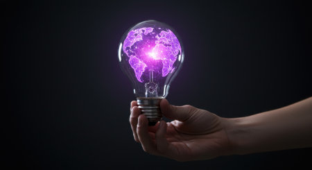 Hand holds a light bulb with a glowing world map inside against a dark background. Concept for global innovation and creative energy solutions.の素材