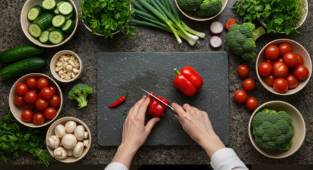 Overhead shot of woman slicing red bell pepper on granite counter surrounded by fresh produce like tomatoes, cucumbers, mushrooms, broccoli, and herbs.の素材