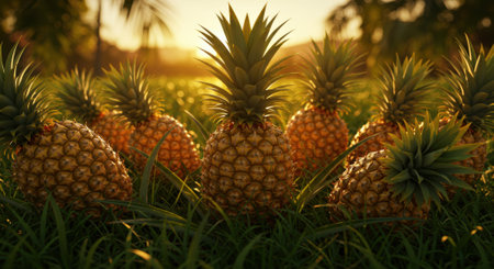 Pineapple fruits in a field during sunset. Tropical scene of fresh pineapple in green grass. Food concept with exotic fruit in a natural environment.の素材